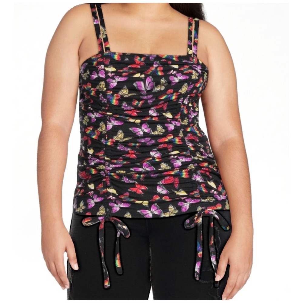 No Boundaries Butterfly Ruched Cami Top Black Rainbow Size L Festival Pride